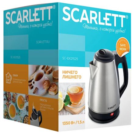Чайник SCARLETT SC-EK21S25, 1,5 л, 1350 Вт, закрытый нагревательный элемент, сталь Чайник SCARLETT SC-EK21S25, 1,5 л, 1350 Вт, закрытый нагревательный элемент, сталь