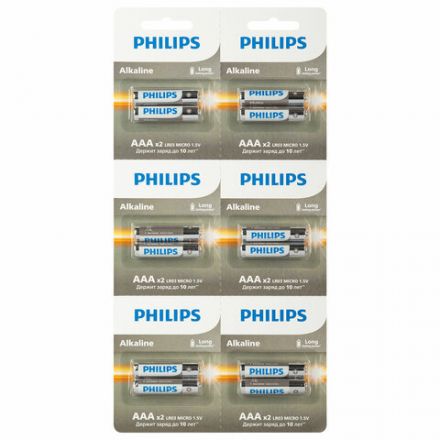 Батарейки алкалиновые КОМПЛЕКТ 2 шт. (отрывной блок) PHILIPS Entry, ААА (LR03,15 А) блистер, Б0064646