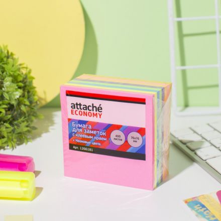 Стикеры Attache Economy с клеев.краем  76х76 мм, 400 лист, 8 неоновых цв