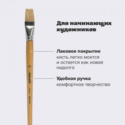 Кисть ПИФАГОР, ЩЕТИНА, плоская, № 18, деревянная лакированная ручка, пакет с подвесом, 200878 Кисть ПИФАГОР, ЩЕТИНА, плоская, № 18, деревянная лакированная ручка, пакет с подвесом, 200878