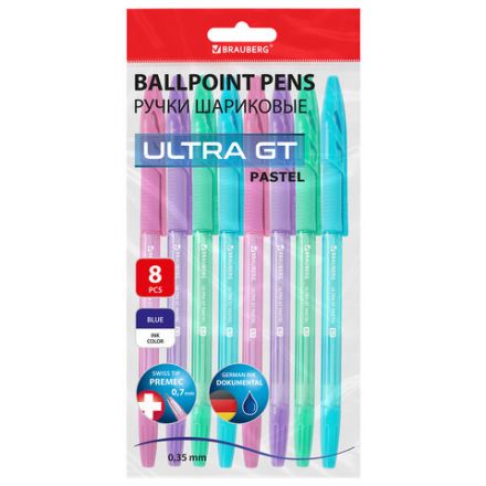 Ручки шариковые с грипом BRAUBERG "ULTRA GT PASTEL", НАБОР 8 ШТУК, СИНИЕ, узел 0,7 мм, линия 0,35 мм, 144532 Ручки шариковые с грипом BRAUBERG "ULTRA GT PASTEL", НАБОР 8 ШТУК, СИНИЕ, узел 0,7 мм, линия 0,35 мм, 144532
