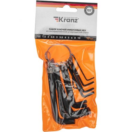 Набор ключей имбус. HEX KRANZ 1,5-10мм CrV 10шт, оксид, кольцо KR-12-5201