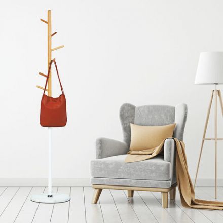 Вешалка-стойка BRABIX "CR-1906" на мраморном диске, металл белый/дерево бук, 6 крючков, 606440