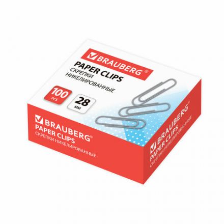 Скрепки BRAUBERG, 28 мм, никелированные, 100 шт., в картонной коробке, Россия, 221523 Скрепки BRAUBERG, 28 мм, никелированные, 100 шт., в картонной коробке, Россия, 221523