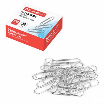 Скрепки BRAUBERG, 28 мм, никелированные, 100 шт., в картонной коробке, Россия, 221523 Скрепки BRAUBERG, 28 мм, никелированные, 100 шт., в картонной коробке, Россия, 221523