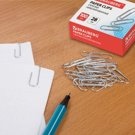 Скрепки BRAUBERG, 28 мм, никелированные, 100 шт., в картонной коробке, Россия, 221523 Скрепки BRAUBERG, 28 мм, никелированные, 100 шт., в картонной коробке, Россия, 221523