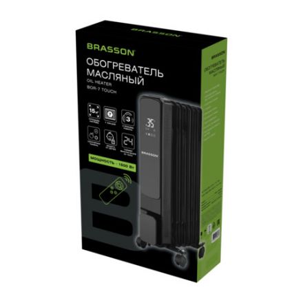 Обогреватель масляный BRASSON (БРАССОН) BOR-7 TOUCH, 7 секций, 1500 Вт, 3 режима, сенсор, пульт ДУ, черный, 457777