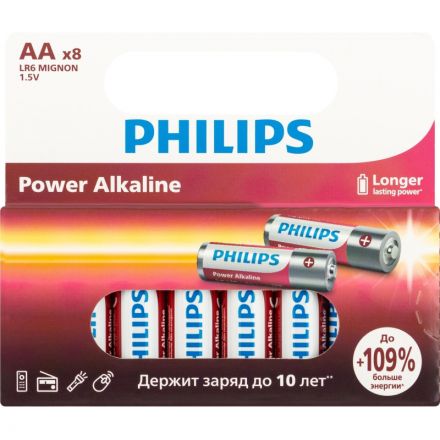 Батарейка Philips Power АА LR6-8BL/LR6P8W/51 алкалин. 1,5v 8 шт/уп Батарейка Philips Power АА LR6-8BL/LR6P8W/51 алкалин. 1,5v 8 шт/уп