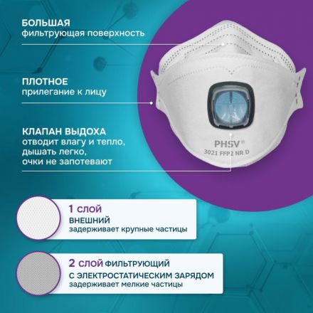 Полумаска фильтрующая PHSV 3021 с кл FFP2 до 12ПДК 5шт/уп Полумаска фильтрующая PHSV 3021 с кл FFP2 до 12ПДК 5шт/уп