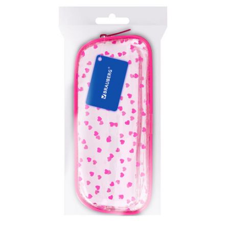 Пенал-косметичка BRAUBERG LUCENT на молнии, прозрачный, "Hearts", 21х5х9 см, 272345 Пенал-косметичка BRAUBERG LUCENT на молнии, прозрачный, "Hearts", 21х5х9 см, 272345