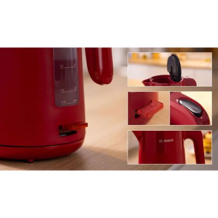 Чайник BOSCH TWK 2M164, 1,7 л, 2400 Вт, закрытый нагревательный элемент, пластик, красный