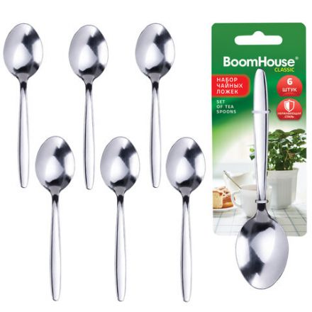 Ложки чайные CLASSIC, НАБОР 6 шт., на подвесе, нержавеющая сталь, серебристые, BOOMHOUSE (БУМХАУС), 702282