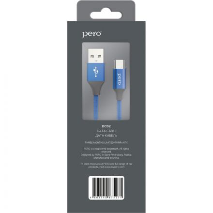 Кабель USB PERO DC-02 Type-C, 3А, 1м, синий