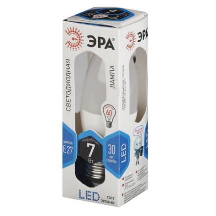 Лампа светодиодная ЭРА STD, 7 (60) Вт, цоколь E27, "свеча", нейтральный белый свет, 30000 ч., LED B35-7W-840-E27, Б0020540 Лампа светодиодная ЭРА STD, 7 (60) Вт, цоколь E27, "свеча", нейтральный белый свет, 30000 ч., LED B35-7W-840-E27, Б0020540