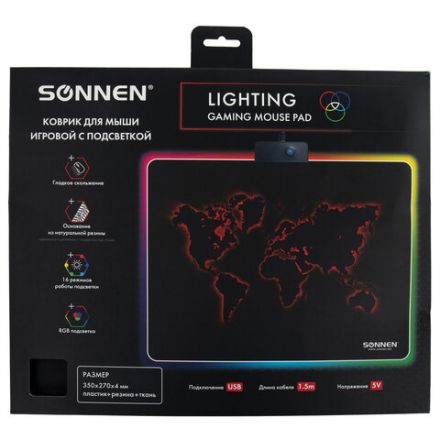 Коврик для мыши SONNEN "LIGHTING", резина+ткань, 350х270х4 мм, чёрный, 513316