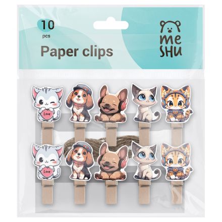 Зажимы для бумаг 7мм, MESHU "Cute pets", 10шт., деревянные, ассорти, опп пакет с европодвесом, веревка в комплекте Зажимы для бумаг 7мм, MESHU "Cute pets", 10шт., деревянные, ассорти, опп пакет с европодвесом, веревка в комплекте