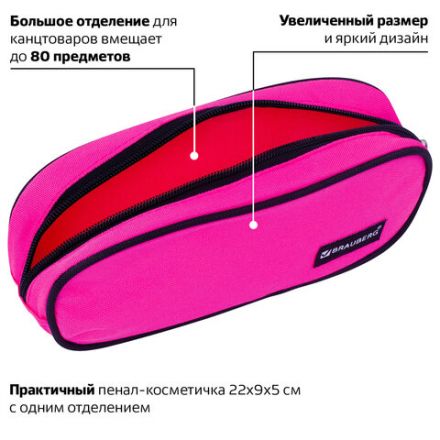 Пенал-косметичка BRAUBERG овальный, полиэстер, "Pink", 22х9х5 см, 229270 Пенал-косметичка BRAUBERG овальный, полиэстер, "Pink", 22х9х5 см, 229270