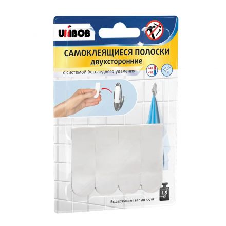 Держатель полоски двухсторонние самоклеящиеся UNIBOB, белый, 4 шт/упак