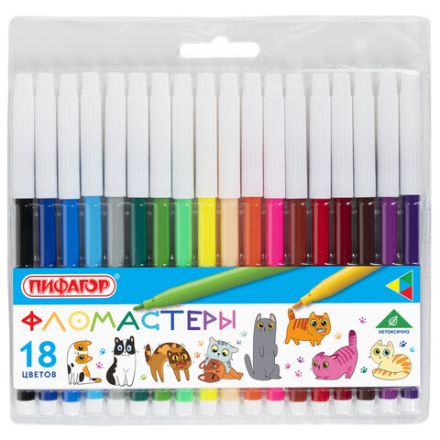 Фломастеры ПИФАГОР "ВЕСЕЛЫЕ ПИТОМЦЫ", 18 цветов, невентилируемый колпачок, 152453 Фломастеры ПИФАГОР "ВЕСЕЛЫЕ ПИТОМЦЫ", 18 цветов, невентилируемый колпачок, 152453