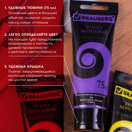 Краски акриловые художественные BRAUBERG ART DEBUT, НАБОР 24 шт. по 75 мл, 8 цветов, в тубах, 191128 Краски акриловые художественные BRAUBERG ART DEBUT, НАБОР 24 шт. по 75 мл, 8 цветов, в тубах, 191128