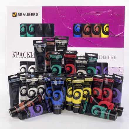 Краски акриловые художественные BRAUBERG ART DEBUT, НАБОР 24 шт. по 75 мл, 8 цветов, в тубах, 191128 Краски акриловые художественные BRAUBERG ART DEBUT, НАБОР 24 шт. по 75 мл, 8 цветов, в тубах, 191128
