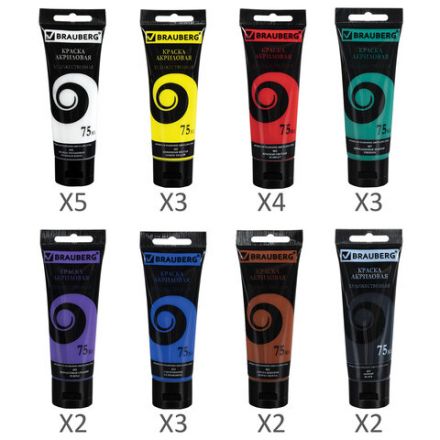 Краски акриловые художественные BRAUBERG ART DEBUT, НАБОР 24 шт. по 75 мл, 8 цветов, в тубах, 191128 Краски акриловые художественные BRAUBERG ART DEBUT, НАБОР 24 шт. по 75 мл, 8 цветов, в тубах, 191128