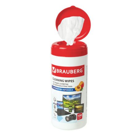 Салфетки для экранов всех типов и пластика BRAUBERG с ароматом АБРИКОС, туба 100 шт., влажные, 513321 Салфетки для экранов всех типов и пластика BRAUBERG с ароматом АБРИКОС, туба 100 шт., влажные, 513321