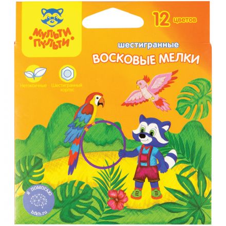 Мелки восковые Мульти-Пульти "Енот в Новой Гвинее", 12цв., шестигранные, картон, европодвес Мелки восковые Мульти-Пульти "Енот в Новой Гвинее", 12цв., шестигранные, картон, европодвес