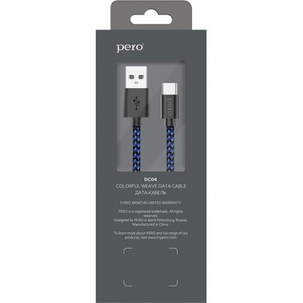 Кабель USB PERO DC-04 Type-C, 3А, 2м, Blue-black (Fast Charge)