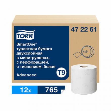 Бумага туалетная 130 м, Tellus/TORK (Система T9) SmartOne, ADVANCED, КОМПЛЕКТ 12 рулонов, 2-слойная, белая, 472261