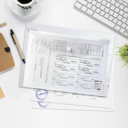 Папка-конверт с кнопкой STAFF, А4, до 100 листов, прозрачная, 0,12 мм, 225173 Папка-конверт с кнопкой STAFF, А4, до 100 листов, прозрачная, 0,12 мм, 225173