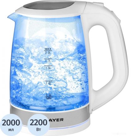 Чайник электрический BRAYER BR1040WH, 2220Вт, 2 л, стекл., белый Чайник электрический BRAYER BR1040WH, 2220Вт, 2 л, стекл., белый