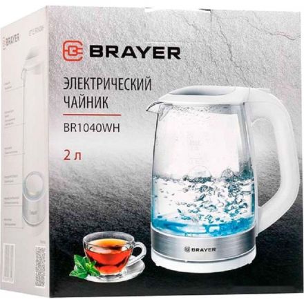 Чайник электрический BRAYER BR1040WH, 2220Вт, 2 л, стекл., белый Чайник электрический BRAYER BR1040WH, 2220Вт, 2 л, стекл., белый