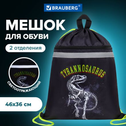Мешок для обуви BRAUBERG, с петлей, светоотражающая полоса, 2 отделения, 46х36 см, Tyrannosaur, 272399 Мешок для обуви BRAUBERG, с петлей, светоотражающая полоса, 2 отделения, 46х36 см, Tyrannosaur, 272399