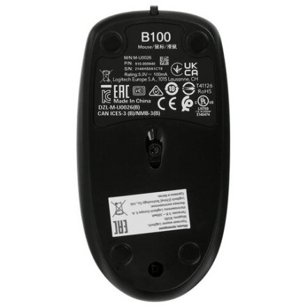 Мышь проводная LOGITECH B100, USB, 2 кнопки + 1 колесо-кнопка, оптическая, черная, 910-003357