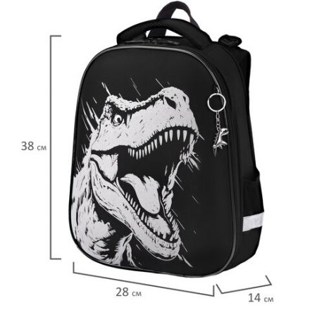 Ранец BRAUBERG SHINY, 2 отделения, с брелком, Scary dino, СВЕТЯЩИЙСЯ РИСУНОК, 38х28х14 см, 273143