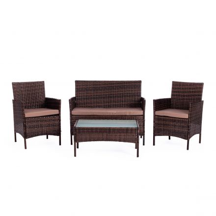 Лаундж сет (диван+2кресла+столик+подушки) (mod. 210013 А), пластиковый ротанг, 108х62х83см/60х62х83см/80х48х39см, темно-коричневый, ткань DB-18 серый