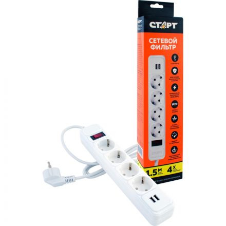 Сетевой фильтр СТАРТ С/УД-Ф SP 4x1 2USB ZVT 4р/1,5м 10А/2200Вт белый Сетевой фильтр СТАРТ С/УД-Ф SP 4x1 2USB ZVT 4р/1,5м 10А/2200Вт белый