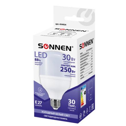 Лампа светодиодная SONNEN, 30 (250) Вт, цоколь Е27, цилиндр, холодный белый, 30000 ч, LED Т100-30W-6500-E27, 454924 Лампа светодиодная SONNEN, 30 (250) Вт, цоколь Е27, цилиндр, холодный белый, 30000 ч, LED Т100-30W-6500-E27, 454924