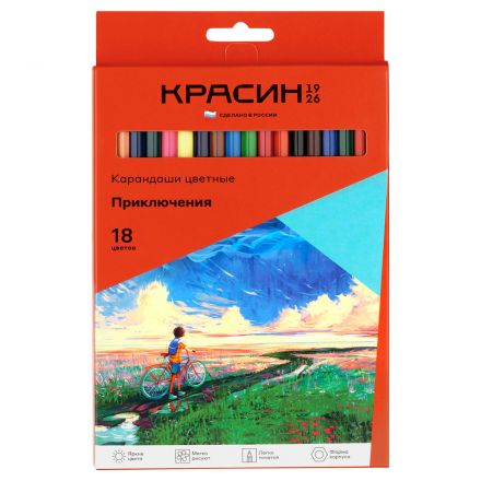 Карандаши цветные Красин "Приключения", 18цв., шестигран., заточен., картон, европодвес Карандаши цветные Красин "Приключения", 18цв., шестигран., заточен., картон, европодвес