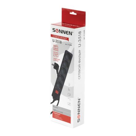 Сетевой фильтр SONNEN U-3518, 5 розеток, с заземлением, выключатель, 10 А, 1,8 м, черный, 513488 Сетевой фильтр SONNEN U-3518, 5 розеток, с заземлением, выключатель, 10 А, 1,8 м, черный, 513488