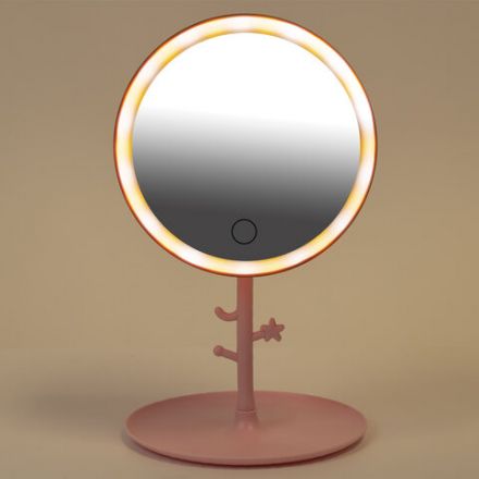 Зеркало настольное с LED-подсветкой для макияжа, диаметр 17 см, 3 режима свечения, аккумулятор 1200 mAh, цвет розовый, WBZ (ВБЗ), 609331