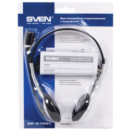 Наушники с микрофоном (гарнитура) SVEN AP-010MV, проводные, 2 м, с оголовьем, черные, SV-0410010MV Наушники с микрофоном (гарнитура) SVEN AP-010MV, проводные, 2 м, с оголовьем, черные, SV-0410010MV