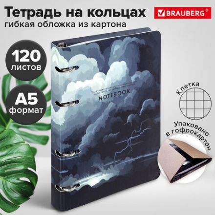 Тетрадь на кольцах А5 160х212 мм, 120 листов, картон, матовая ламинация, клетка, BRAUBERG, "Clouds", 404726 Тетрадь на кольцах А5 160х212 мм, 120 листов, картон, матовая ламинация, клетка, BRAUBERG, "Clouds", 404726