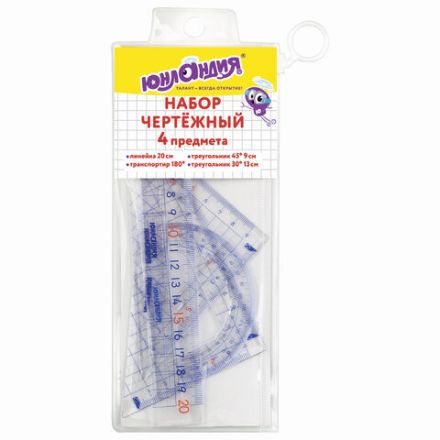 Набор чертежный ЮНЛАНДИЯ "ШКОЛЬНЫЙ" (линейка 20 см, 2 угольника, транспортир), пенал, 210737 Набор чертежный ЮНЛАНДИЯ "ШКОЛЬНЫЙ" (линейка 20 см, 2 угольника, транспортир), пенал, 210737