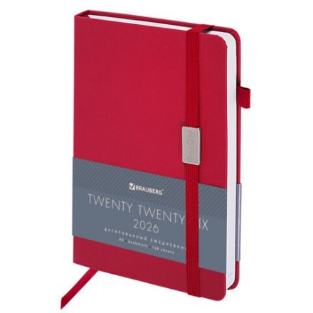 Ежедневник датированный 2026, А5, 138x213 мм, BRAUBERG "Control", под кожу, держатель для ручки, красный, 117124