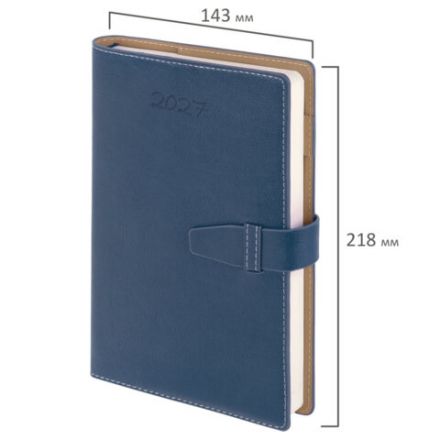 Ежедневник датированный 2027, А5, 143х218 мм, BRAUBERG "Journal", под кожу, ремешок, синий, 118052
