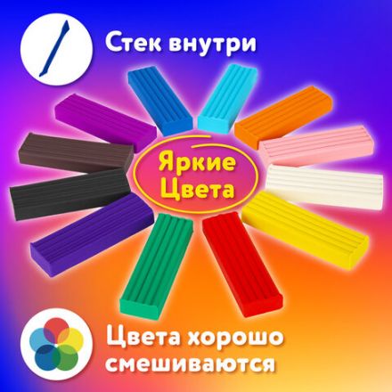 Пластилин мягкий ЮНЛАНДИЯ "ЮНЫЙ ВОЛШЕБНИК", 12 цветов 180 г, СО СТЕКОМ, ВЫСШЕЕ КАЧЕСТВО, европодвес, 106439