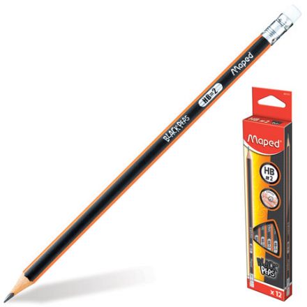 Набор карандашей чернографитных MAPED (Франция), 12 шт., "Black Pep's", HB, трехгранные, с резинкой, 851721 Набор карандашей чернографитных MAPED (Франция), 12 шт., "Black Pep's", HB, трехгранные, с резинкой, 851721