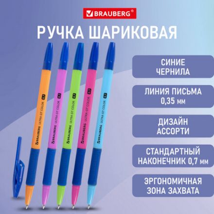 Ручка шариковая с грипом BRAUBERG "ULTRA GT MIX", СИНЯЯ, корпус ассорти, линия 0,35 мм, 144055